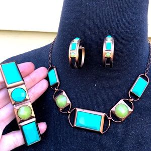 Blue Green Copper Color Jewelry Set Stretch Bracelet Necklace Hoop Earrings Nice
